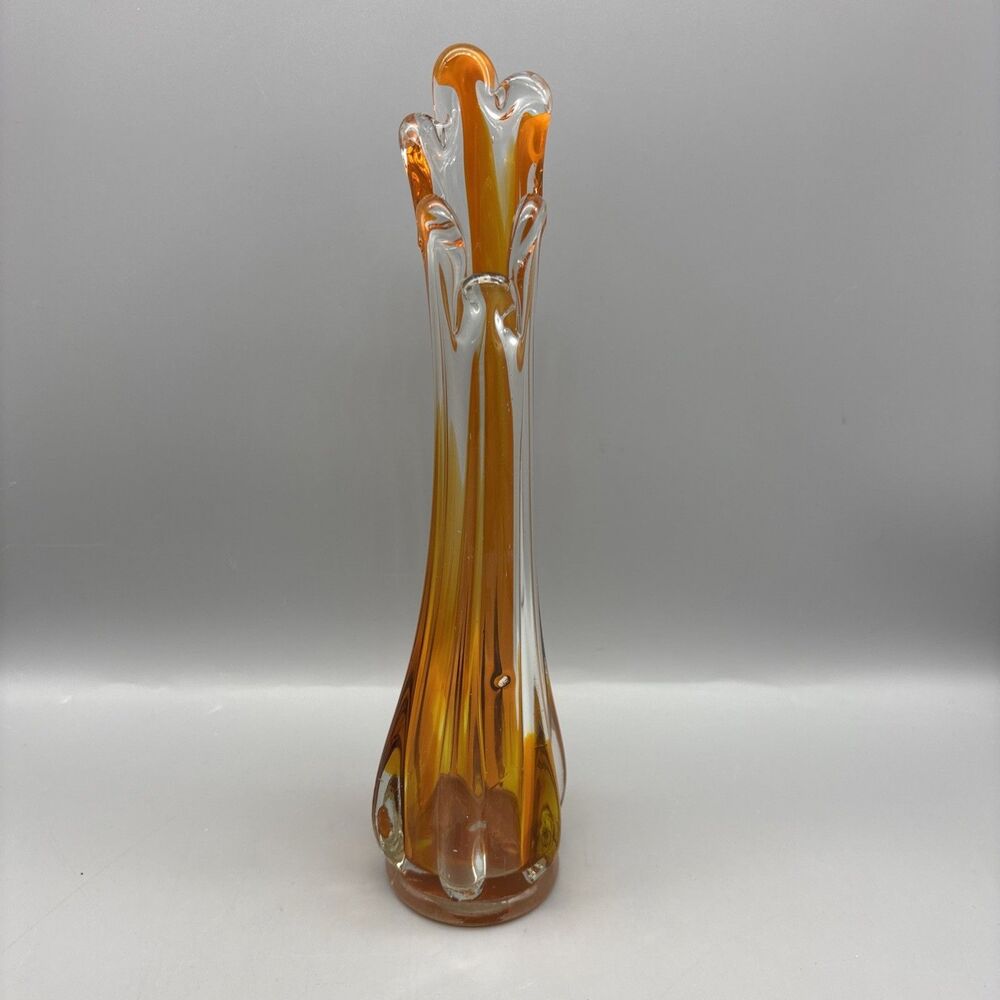 Swung Glass Vase Orang And Clear 9.5” Tall